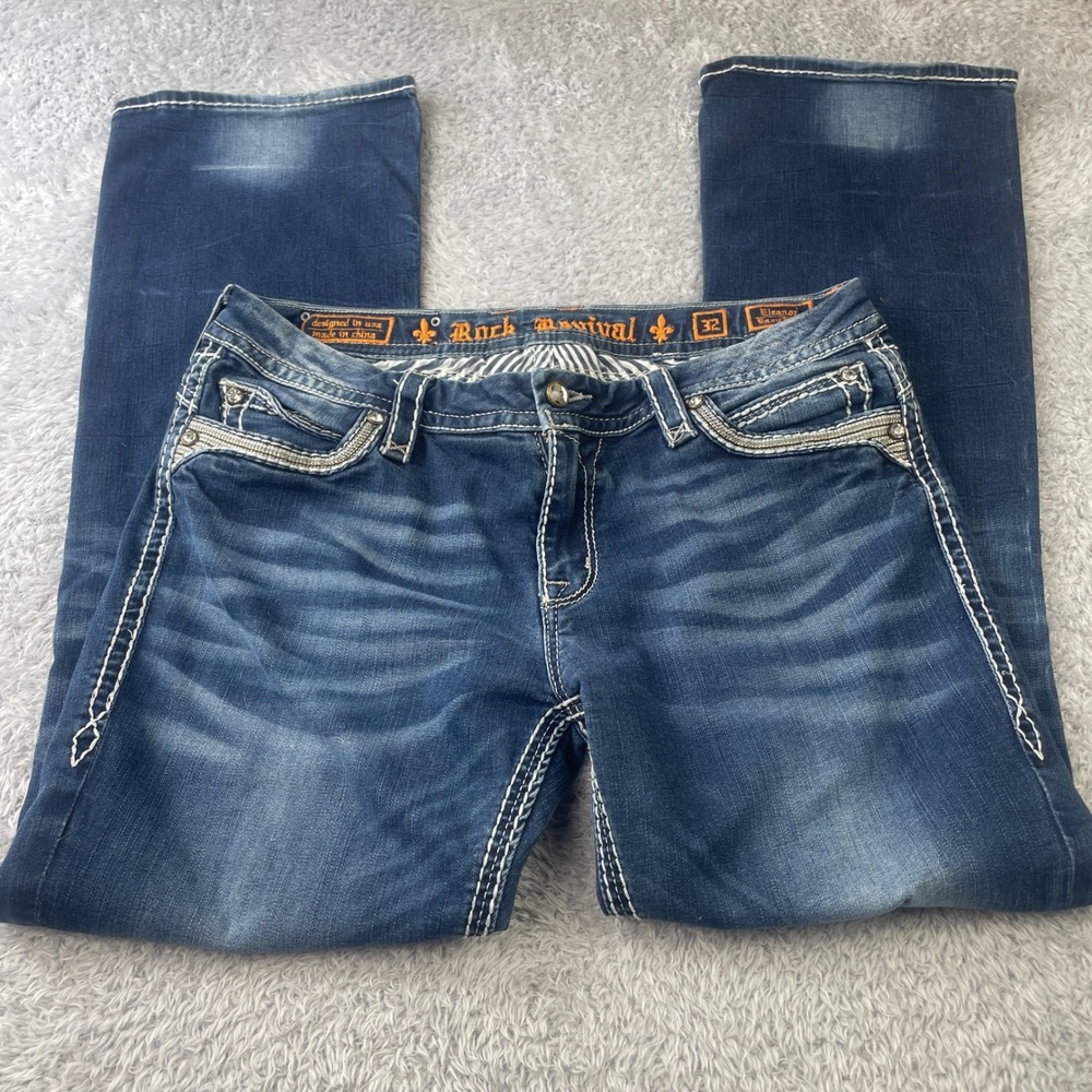 Rock Revival Eleanor Easy Boot Jeans Womens 32 Blue Dark Wash Thick‎ Stitching